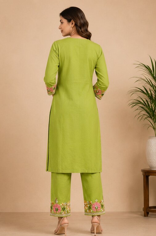Olive Green Floral Embroidered Kurta Pant Set