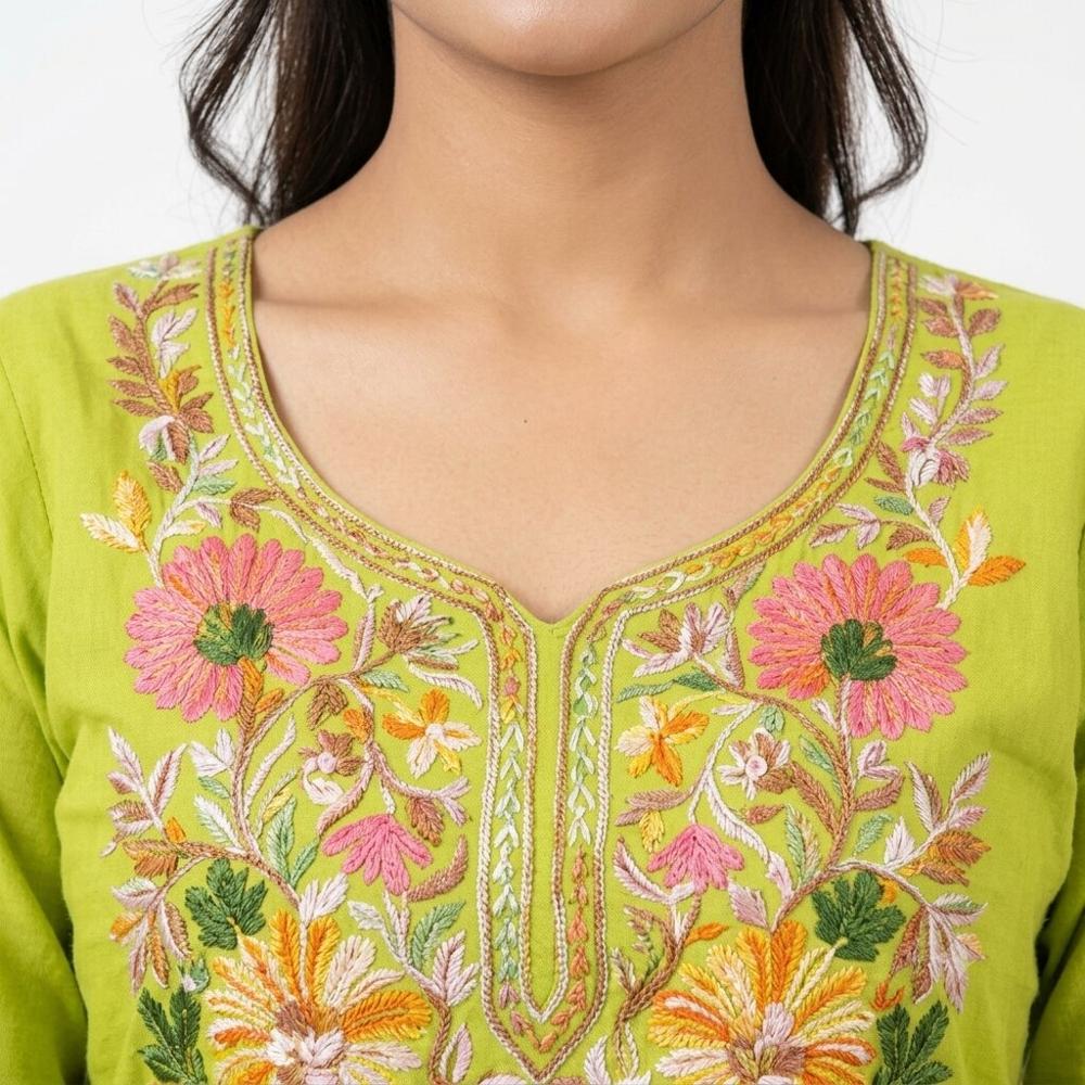 Olive Green Floral Embroidered Kurta Pant Set
