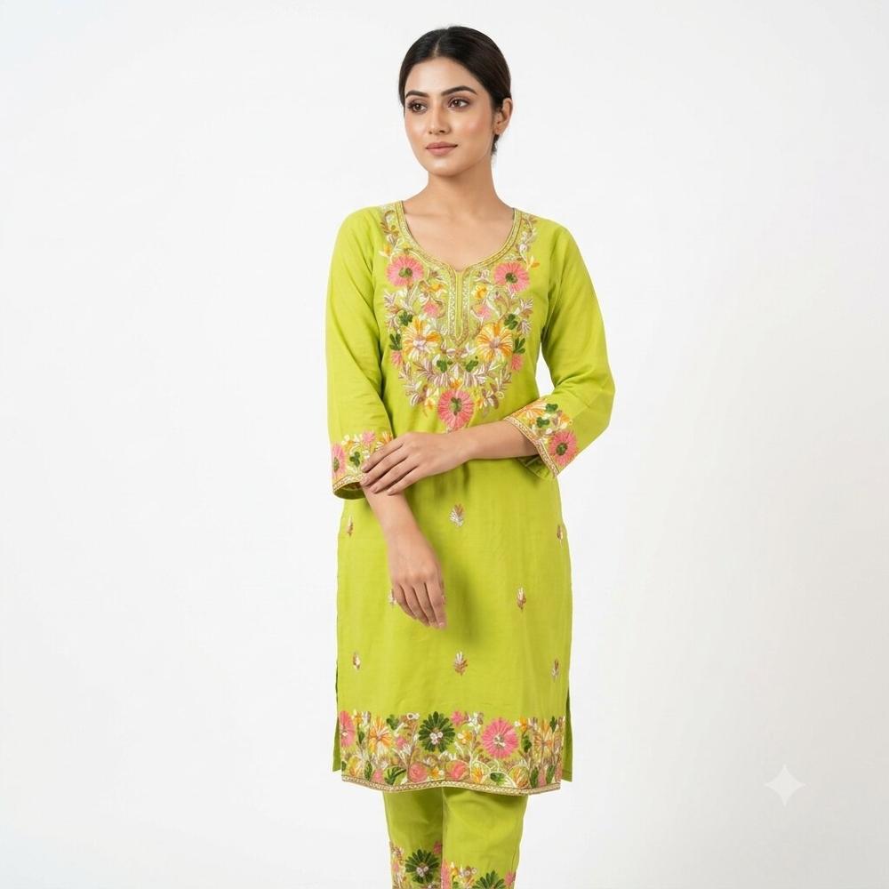 Olive Green Floral Embroidered Kurta Pant Set