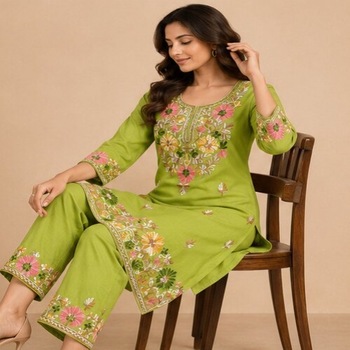 Olive Green Floral Embroidered Kurta Pant Set