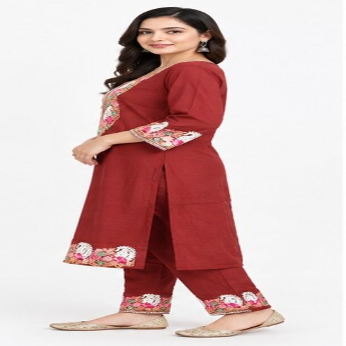 Maroon Floral Embroidered Kurta Pant Set - Bust Size: 40