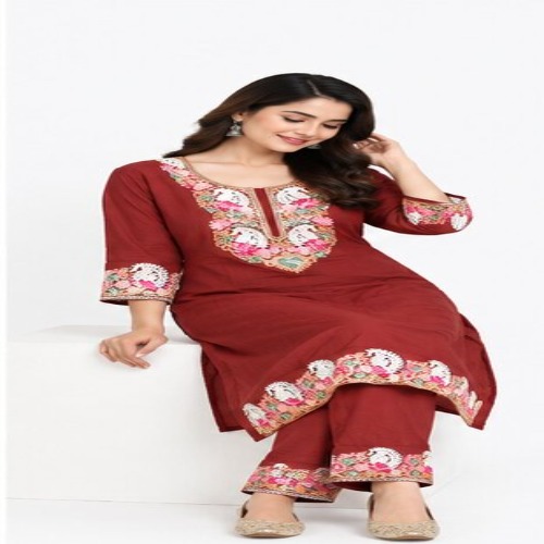 Maroon Floral Embroidered Kurta Pant Set