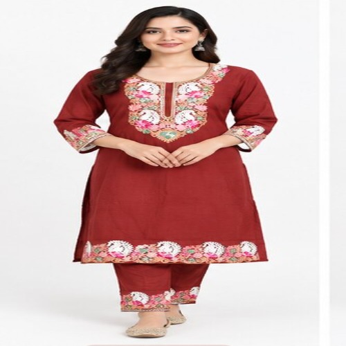 Maroon Floral Embroidered Kurta Pant Set