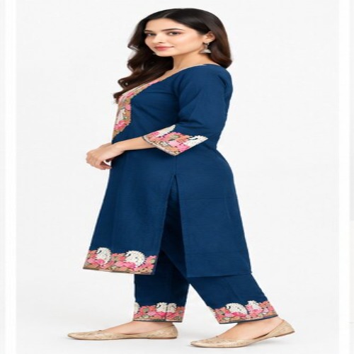 Navy Blue Floral Embroidered Kurta Pant Set - Bust Size: 40