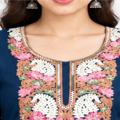 Navy Blue Floral Embroidered Kurta Pant Set