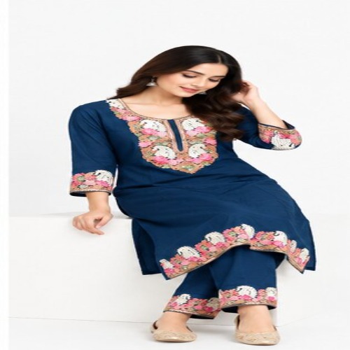 Navy Blue Floral Embroidered Kurta Pant Set