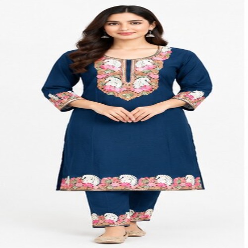 Navy Blue Floral Embroidered Kurta Pant Set