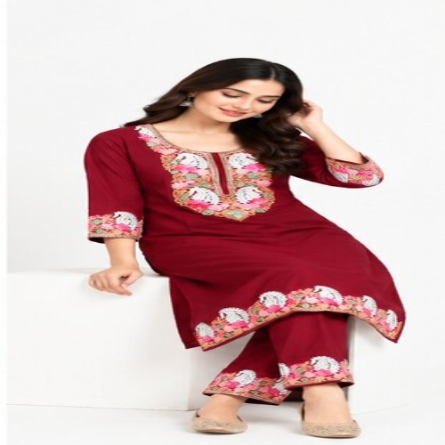 Maroon Floral Embroidered Kurta Pant Set