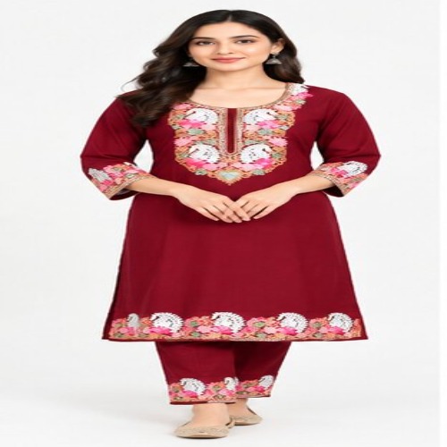 Maroon Floral Embroidered Kurta Pant Set