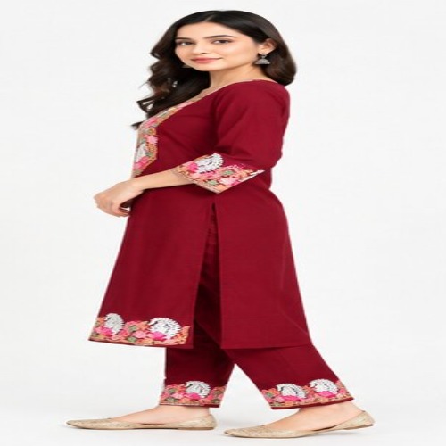Maroon Floral Embroidered Kurta Pant Set