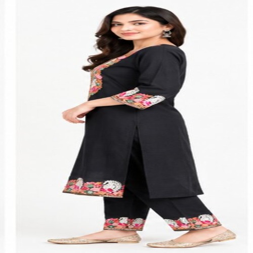 Black Floral Embroidered Kurta Pant Set - Bust Size: 40