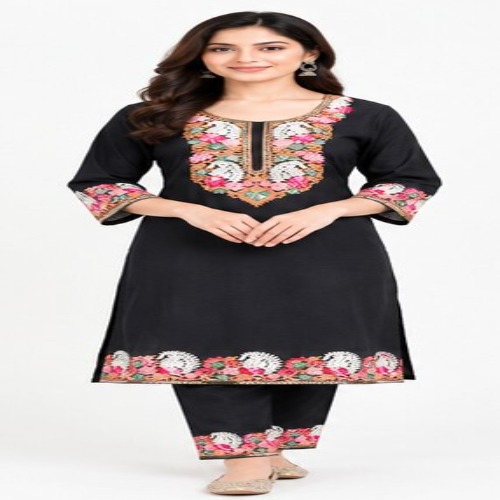 Black Floral Embroidered Kurta Pant Set
