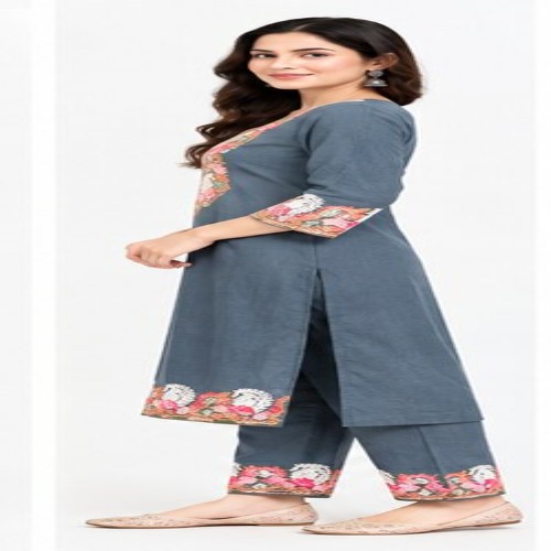 Slate Grey Floral Embroidered Kurta Pant Set