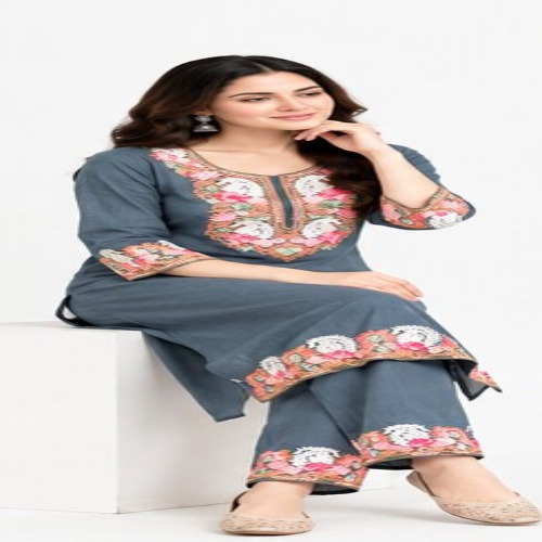Slate Grey Floral Embroidered Kurta Pant Set