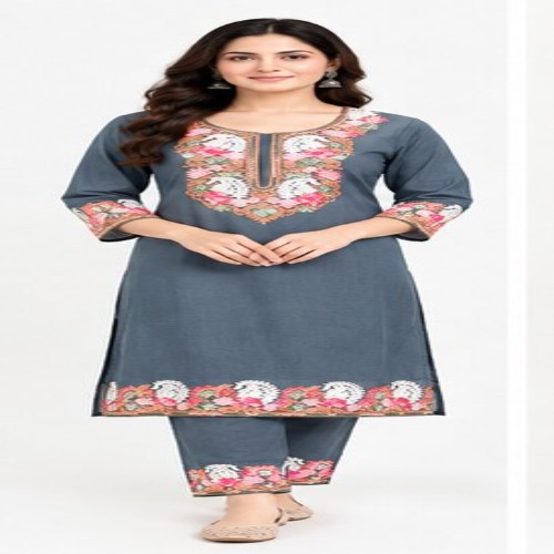 Slate Grey Floral Embroidered Kurta Pant Set