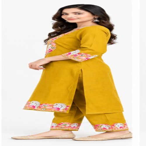 Mustard Yellow Floral Embroidered Kurta Pant Set - Bust Size: 40