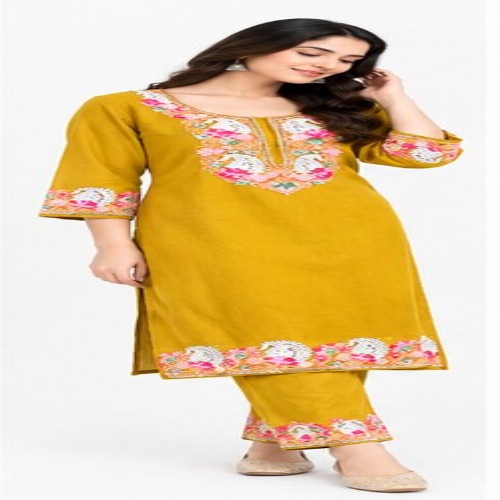 Mustard Yellow Floral Embroidered Kurta Pant Set
