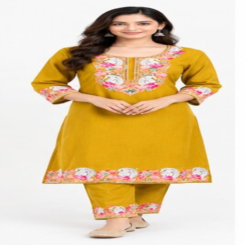 Mustard Yellow Floral Embroidered Kurta Pant Set