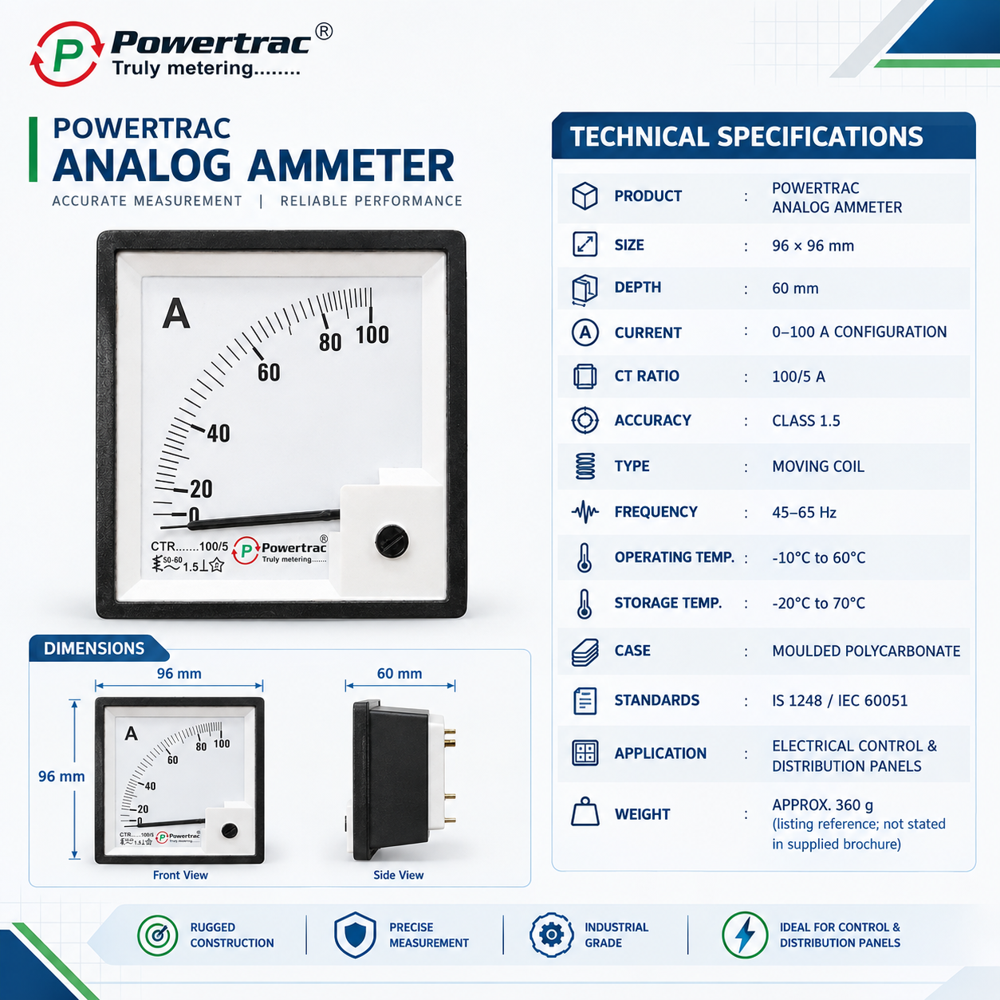 Powertrac Analog Ammeter - Color: Black & White