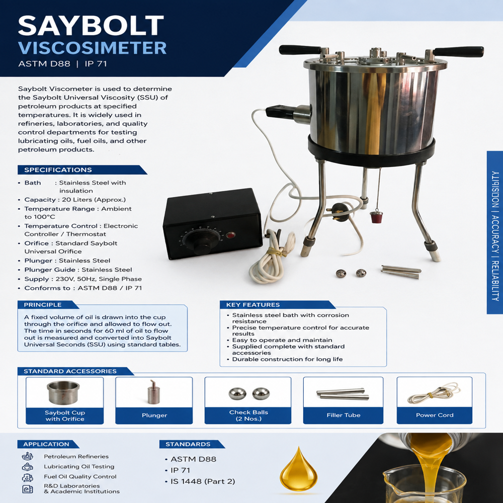 Saybolt Viscometer Apparatus - Stainless Steel, Two Tubes Design | Digital Electronic Controller, Manual Stirring With Turn Table, Double Walled Control Panel