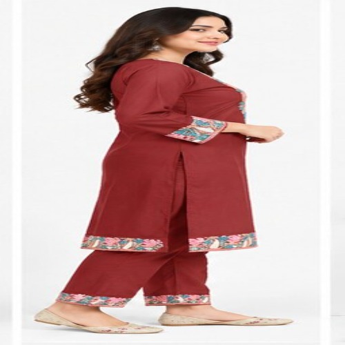 Maroon Floral Embroidered Kurta Pant Set