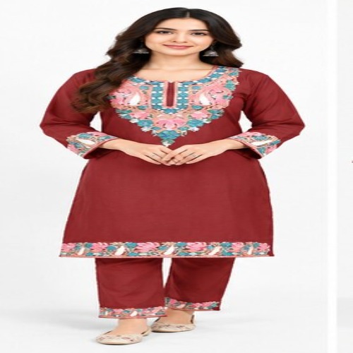 Maroon Floral Embroidered Kurta Pant Set