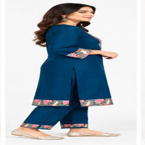Nevy Blue Floral Embroidered Kurta Pant Set - Bust Size: 40