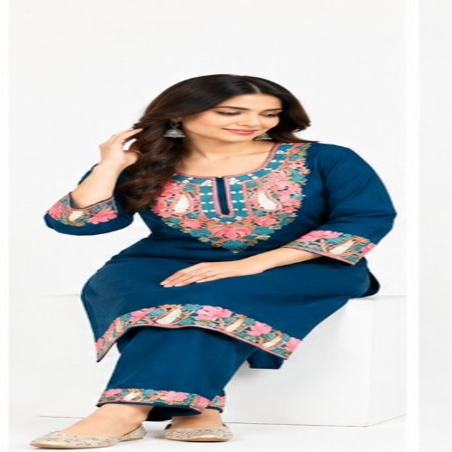 Nevy Blue Floral Embroidered Kurta Pant Set