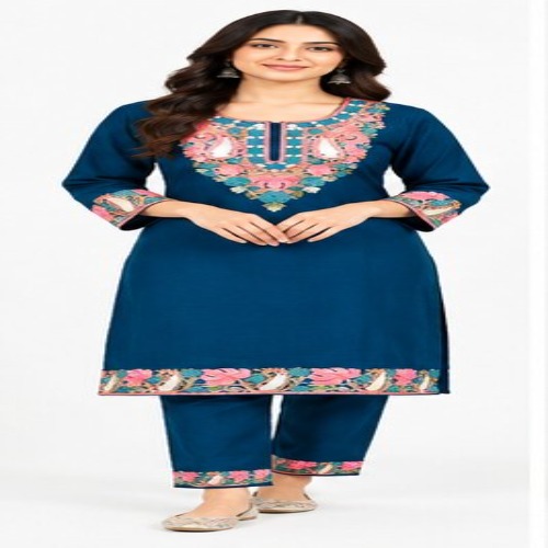 Nevy Blue Floral Embroidered Kurta Pant Set