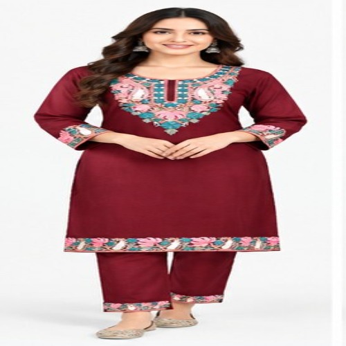 Maroon Floral Embroidered Kurta Pant Set