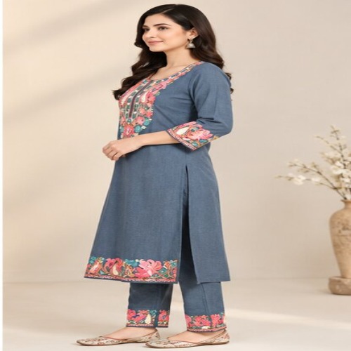 Slate Blue Floral Embroidered Kurta Pant Set - Bust Size: 40