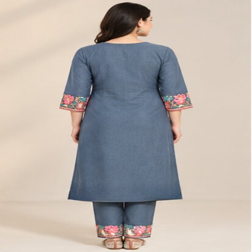 Slate Blue Floral Embroidered Kurta Pant Set