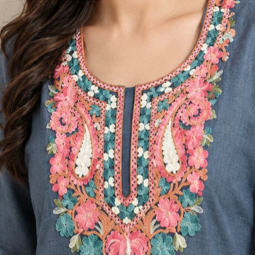 Slate Blue Floral Embroidered Kurta Pant Set