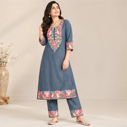 Slate Blue Floral Embroidered Kurta Pant Set