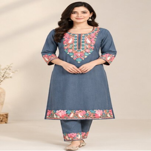 Slate Blue Floral Embroidered Kurta Pant Set