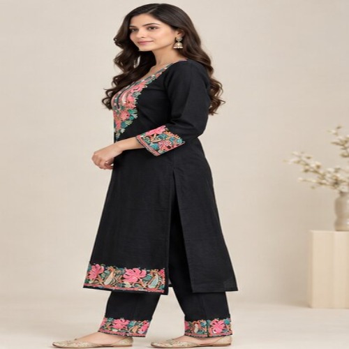 Black Floral Embroidered Kurta Pant Set - Bust Size: 40