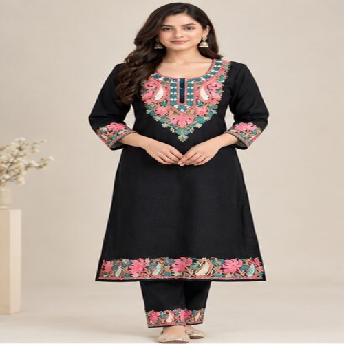 Black Floral Embroidered Kurta Pant Set