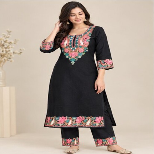 Black Floral Embroidered Kurta Pant Set