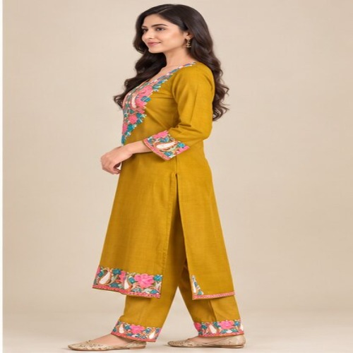 Mustard Yellow Floral Embroidered Kurta Pant Set - Bust Size: 40