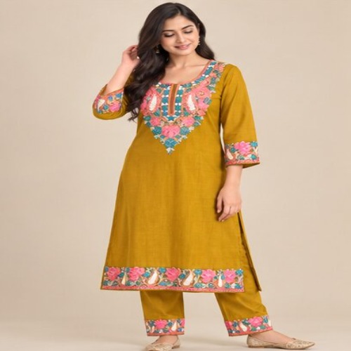 Mustard Yellow Floral Embroidered Kurta Pant Set