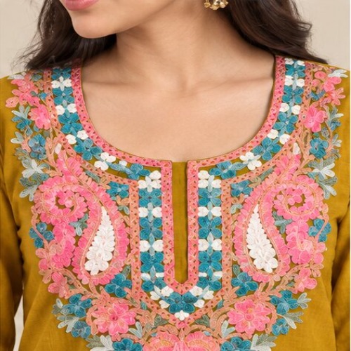 Mustard Yellow Floral Embroidered Kurta Pant Set