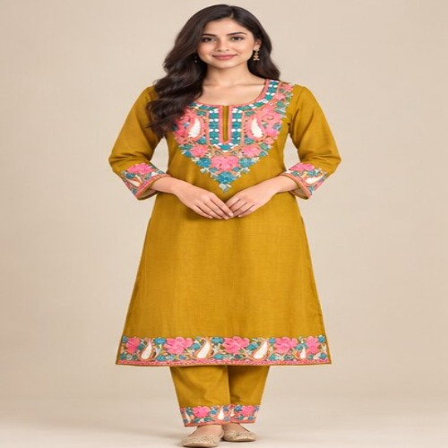 Mustard Yellow Floral Embroidered Kurta Pant Set