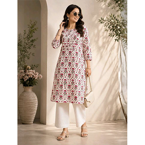 Womens White And Pink Printed Kurta Pant Set