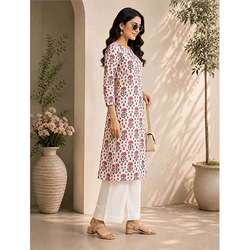 Womens White And Pink Printed Kurta Pant Set