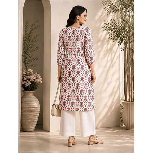 Womens White And Pink Printed Kurta Pant Set