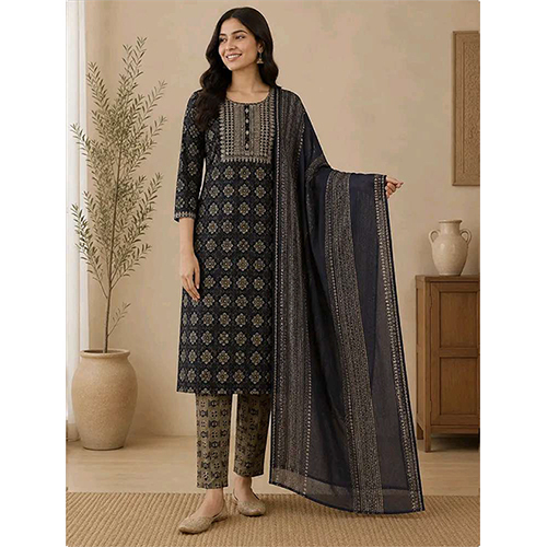 Womens Cherry Blue  Floral Printed Rayon Fabric Kurtha Set With Dupatta