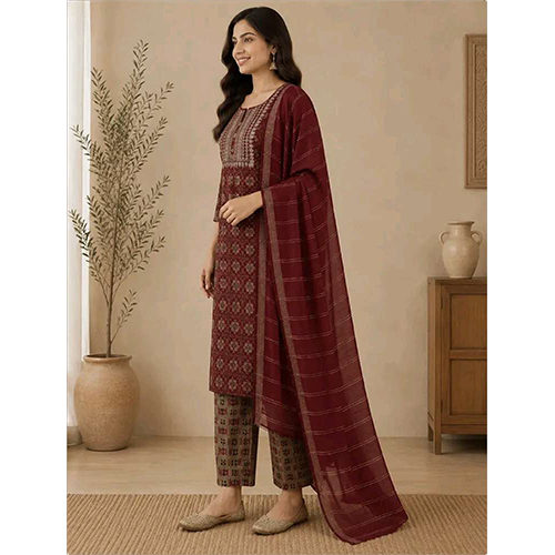Womens Red Floral Printed Rayon Fabric Kurtha Set With Dupatta