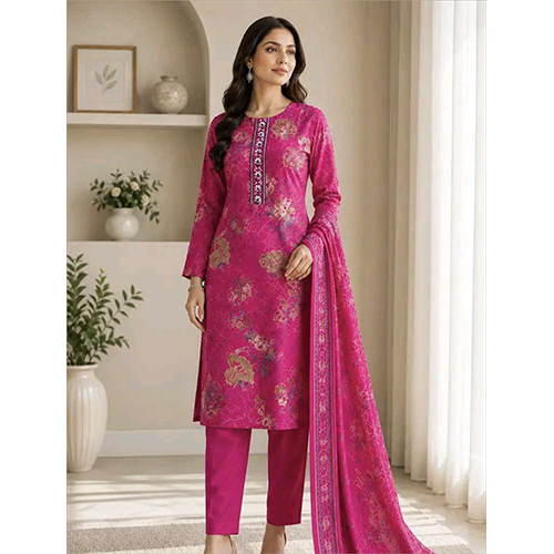 Womens Pink Floral Printed Rayon Fabric Kurtha Set With Dupatta