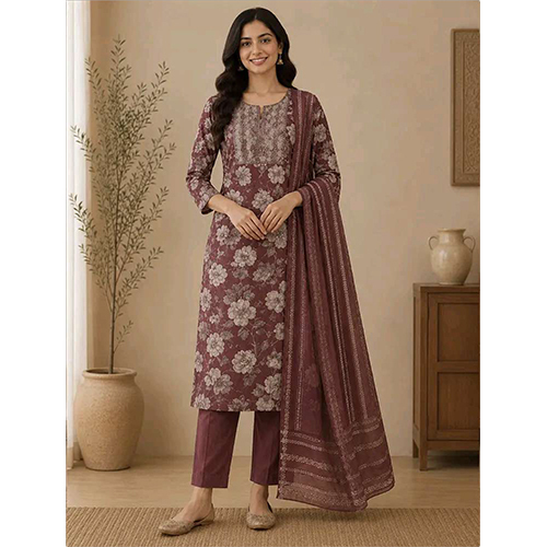 Womens Rust  Floral Printed Rayon Fabric Kurtha Set With Dupatta
