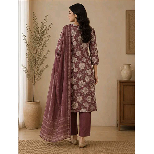 Womens Rust  Floral Printed Rayon Fabric Kurtha Set With Dupatta